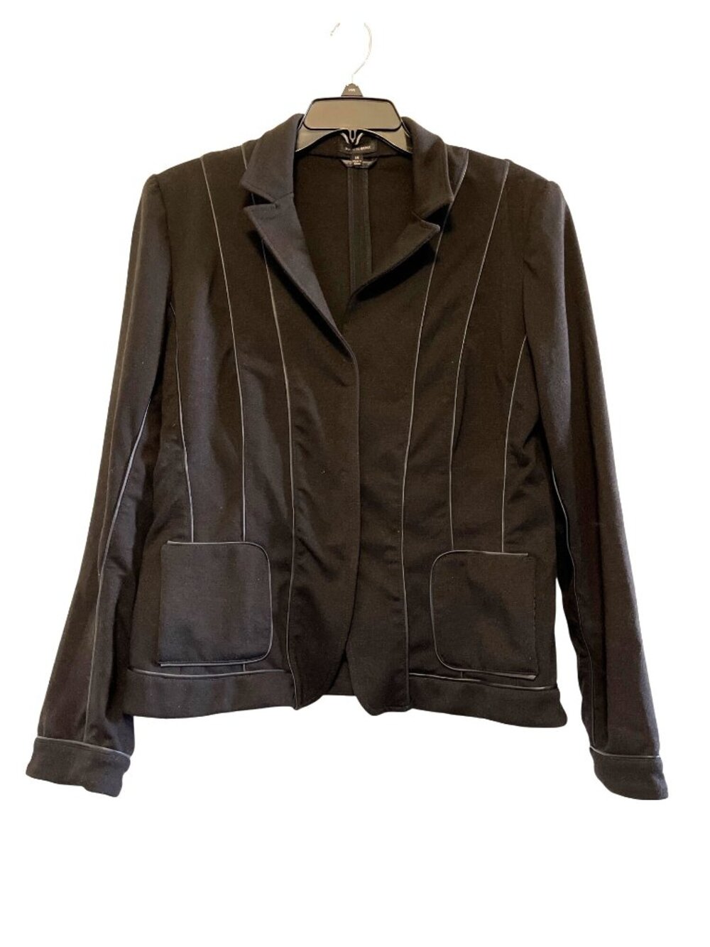 Saks Fifth Avenue Black Blazer Jacket Size 14 With Piping Accents & Snap Closure